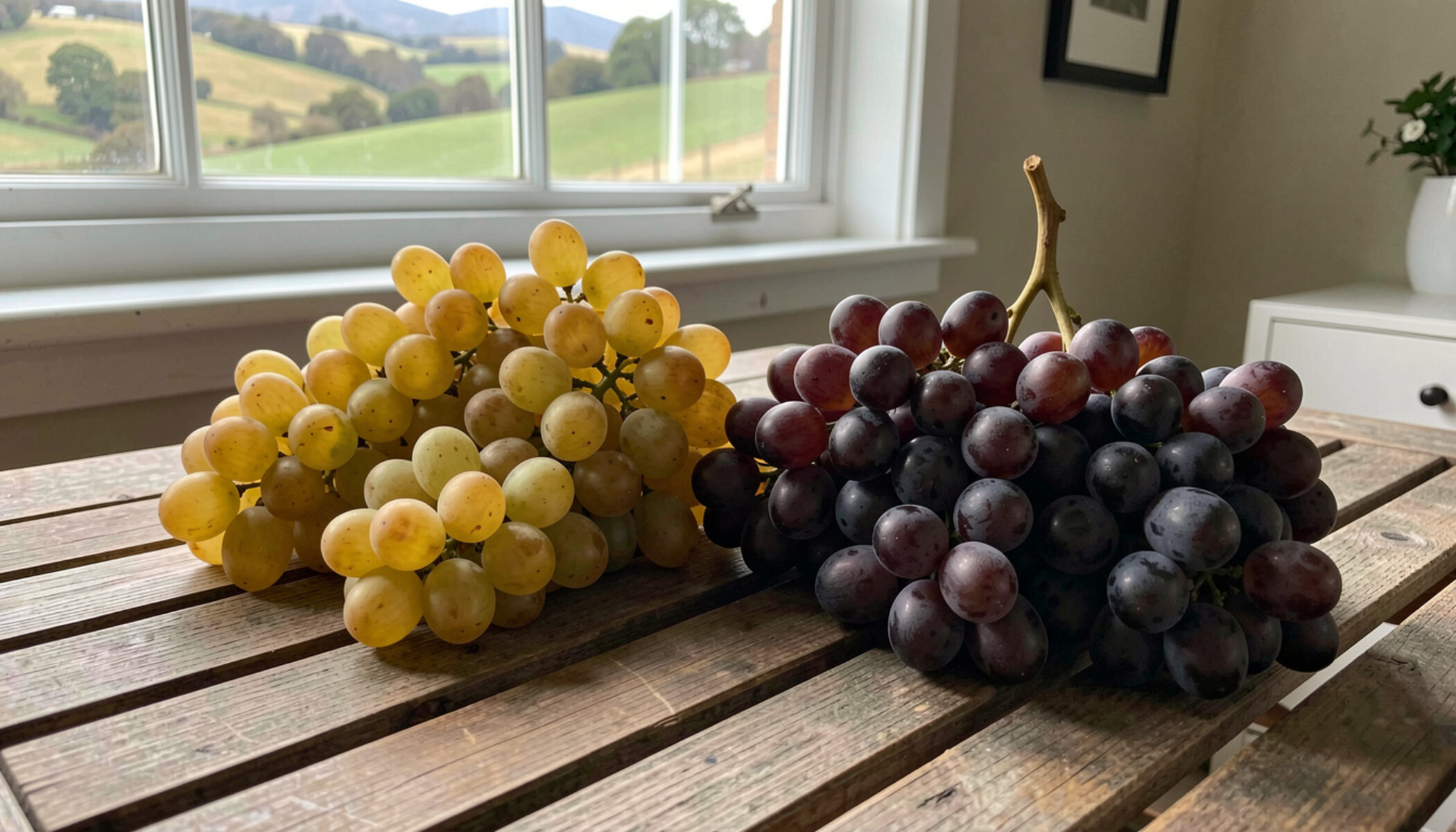 Clusters of golden and dark wine grapes side by side on a wooden table