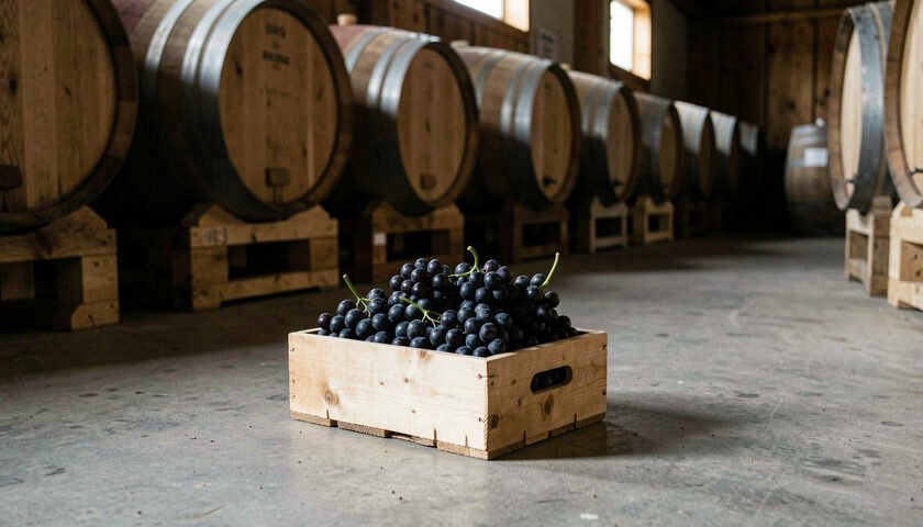 A crate of dark pinot noir grapes on the floor of a dim winery barrel hall