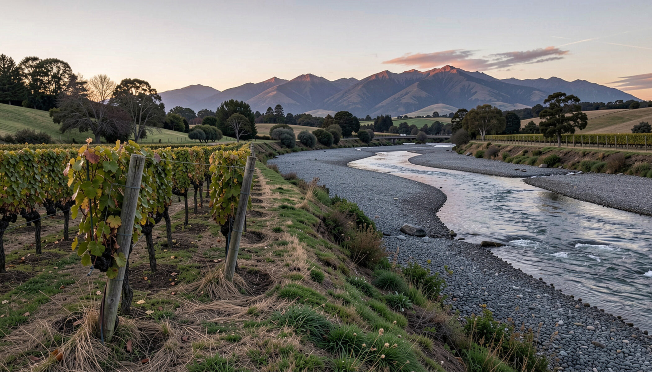 Low evening light across vine rows with the braided river plain beyond