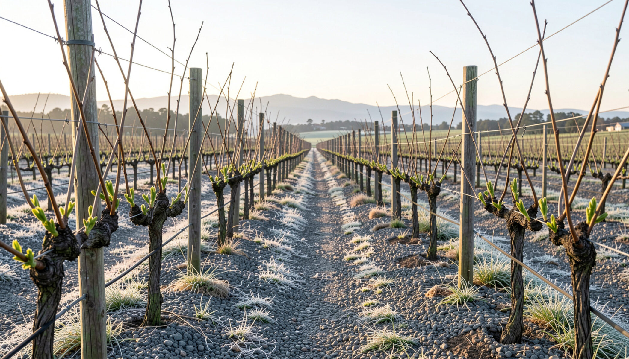 Vine rows at bud burst in early spring with the first green shoots on bare vines