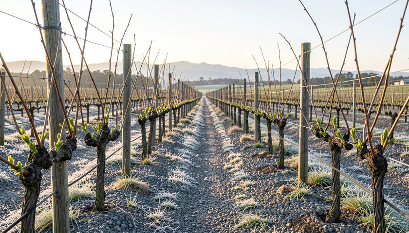 Vine rows at bud burst in early spring with the first green shoots on bare vines